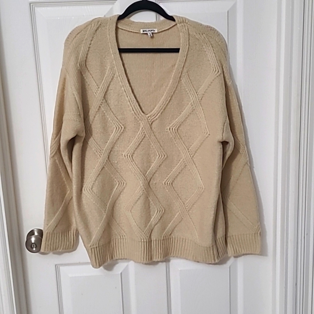 Rag Poets v neck cable knit sweater, beige, size large,  NEVER WORN